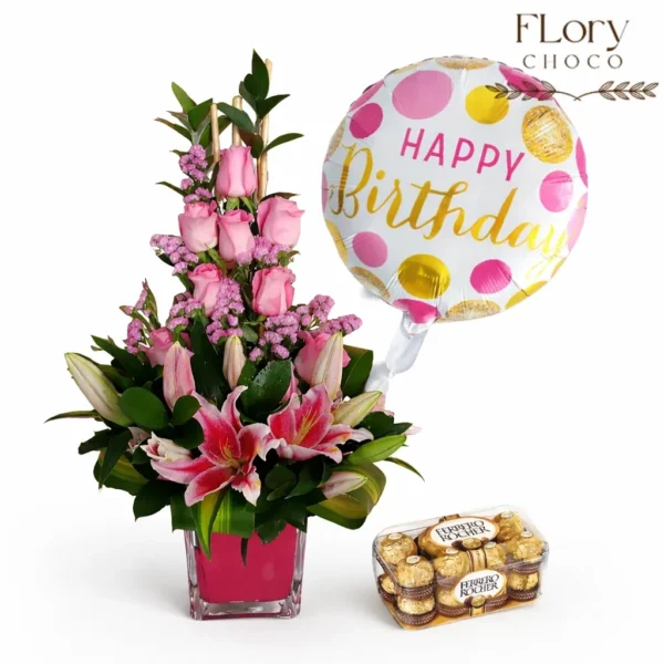 Birthday Smiles Combo with fresh flowers, chocolates, and balloon for last minute birthday surprise gift delivery in Qatar