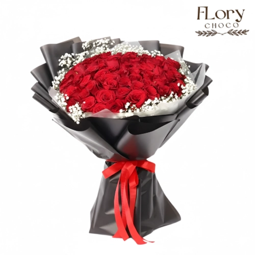 Crimson Aura Bouquet of 51 red roses and soft gypsophila, luxury birthday flowers in Qatar