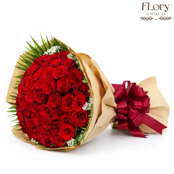 51 red roses bouquet symbolizing deep love and romance, elegant flowers in Qatar