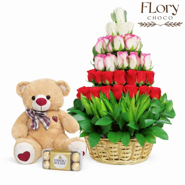 Lovely Birthday Combo featuring rose basket, teddy bear and chocolates for last minute birthday gift delivery in Qatar