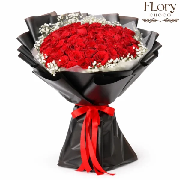 Elegant Noir Romance Bouquet – 51 red roses, perfect anniversary flowers for last-minute delivery in Qatar