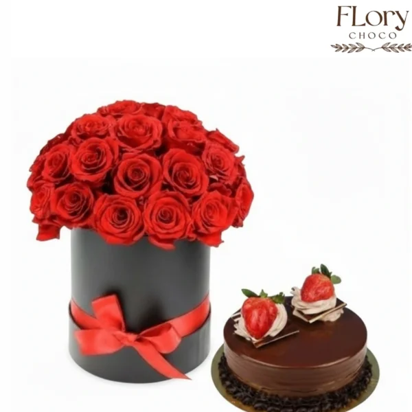 Sweet Birthday combo with roses floral box and half kg premium chocolate cake, perfect birthday gift with delivery in Qatar.