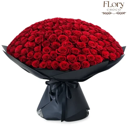 Black Royal 151 red roses bouquet in elegant black wrap for grand romantic surprises in Qatar