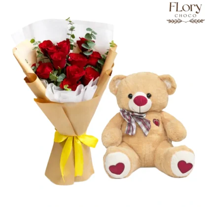 Blooming Hearts flower bouquet and teddy combo for birthdays and sweet surprises with same-day delivery in Qatar