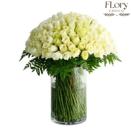 Crystal White Roses Vase with premium white roses in clear glass vase with same-day delivery in Qatar