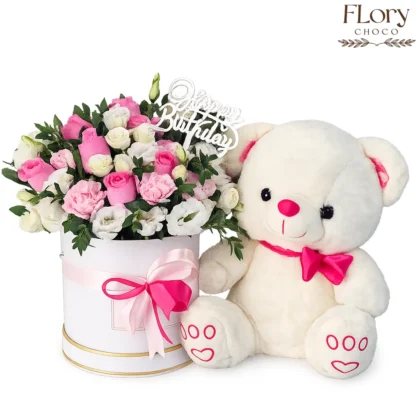 Cuddle Story flower & teddy bear combo for birthday surprises and celebrations with same-day delivery in Qatar