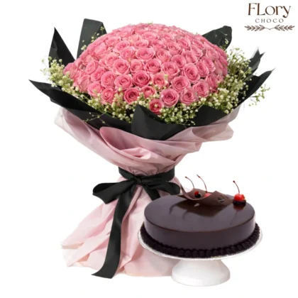Dulcera Gift Combo with pink roses bouquet and chocolate cake with same-day delivery in Qatar