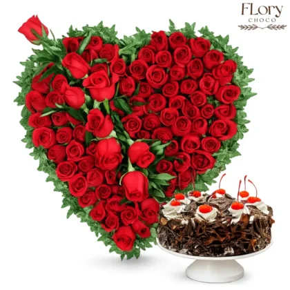 Eternal Promise heart-shaped red roses and chocolate cake combo with same-day delivery in Qatar