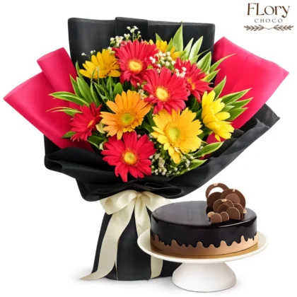 Florique mixed gerbera flowers bouquet and chocolate cake combo for birthdays and celebrations in Qatar