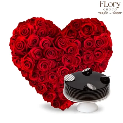 Heart Desire Floral and Cake Combo with heart-shaped red roses and chocolate cake, online flower delivery in Qatar