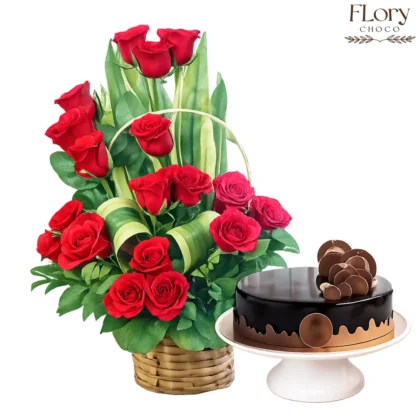 Love Fantasy red roses basket and chocolate cake combo for birthdays and romantic surprises with same-day delivery in Qatar Order online Today Surprise Your Loveone.