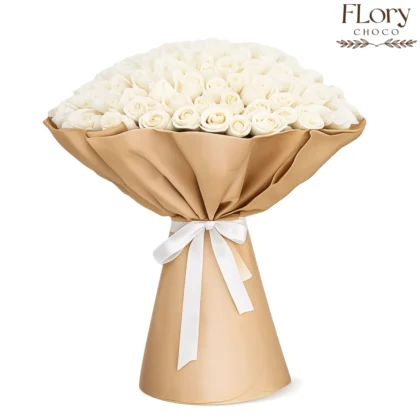 Lumina 100 premium white roses bouquet in elegant golden wrap with same-day delivery in Qatar