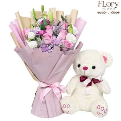 Sweet Embrace flower bouquet and teddy combo for birthdays and sweet surprises with same-day delivery in Qatar