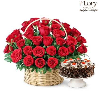 Sweet Promise Floral Gift Combo with red roses basket and chocolate cake for anniversaries and romantic moments in Qatar