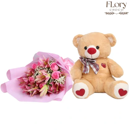 Teddy Kisses flower bouquet and teddy combo for birthdays and sweet surprises with same-day delivery in Qatar