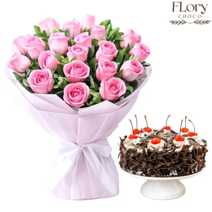 True Romance pink roses bouquet with chocolate cake for birthdays and romantic surprises with same-day delivery in Qatar