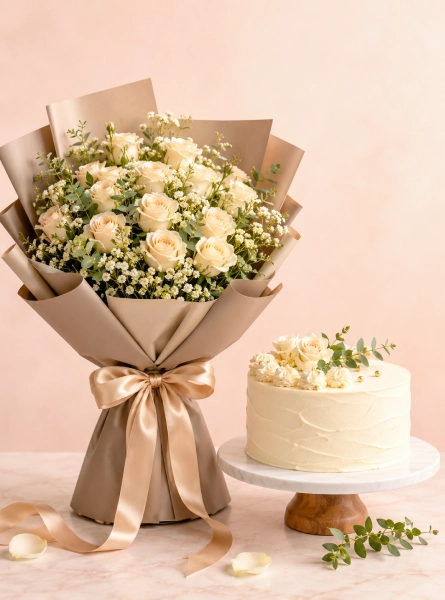 Fresh blooms and cake gift set designed for birthdays, anniversaries and celebrations in Doha, Qatar