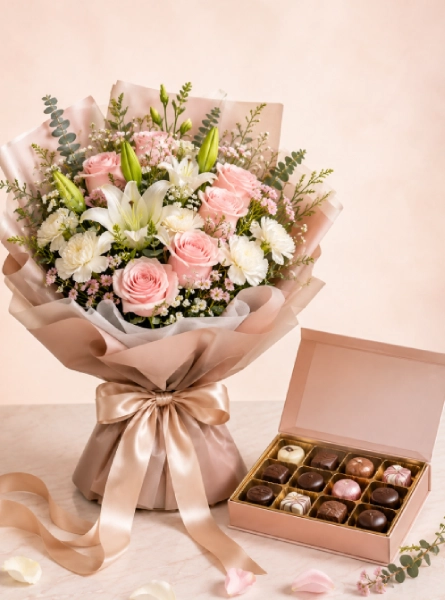 Elegant flowers and chocolate gift set for birthdays, anniversaries and special occasions in Doha, Qatar