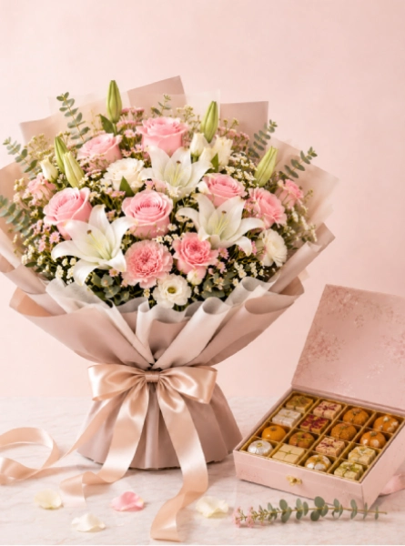 Fresh flowers and sweet box gift for welcoming a newborn, family celebrations and gatherings in Doha, Qatar