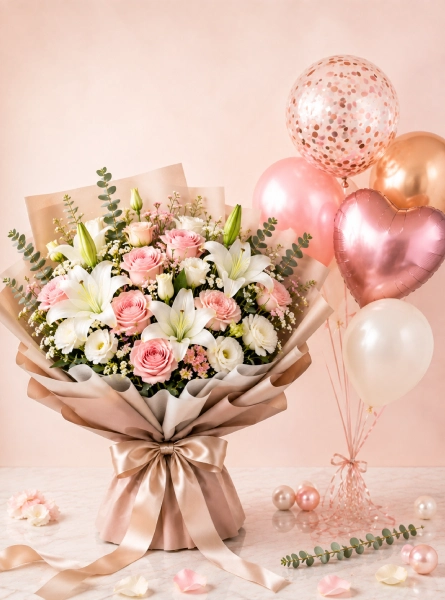 Fresh flowers with decorative balloons for birthdays and celebrations with same-day delivery in Doha, Qatar