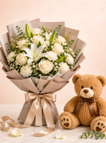 Fresh flowers with a cute teddy bear gift for birthdays and special occasions with same-day delivery in Doha, Qatar